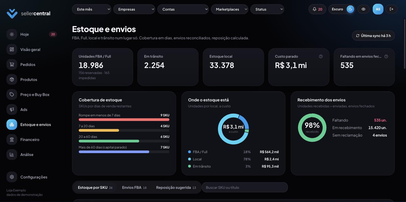Tela Estoque e envios da Seller Station